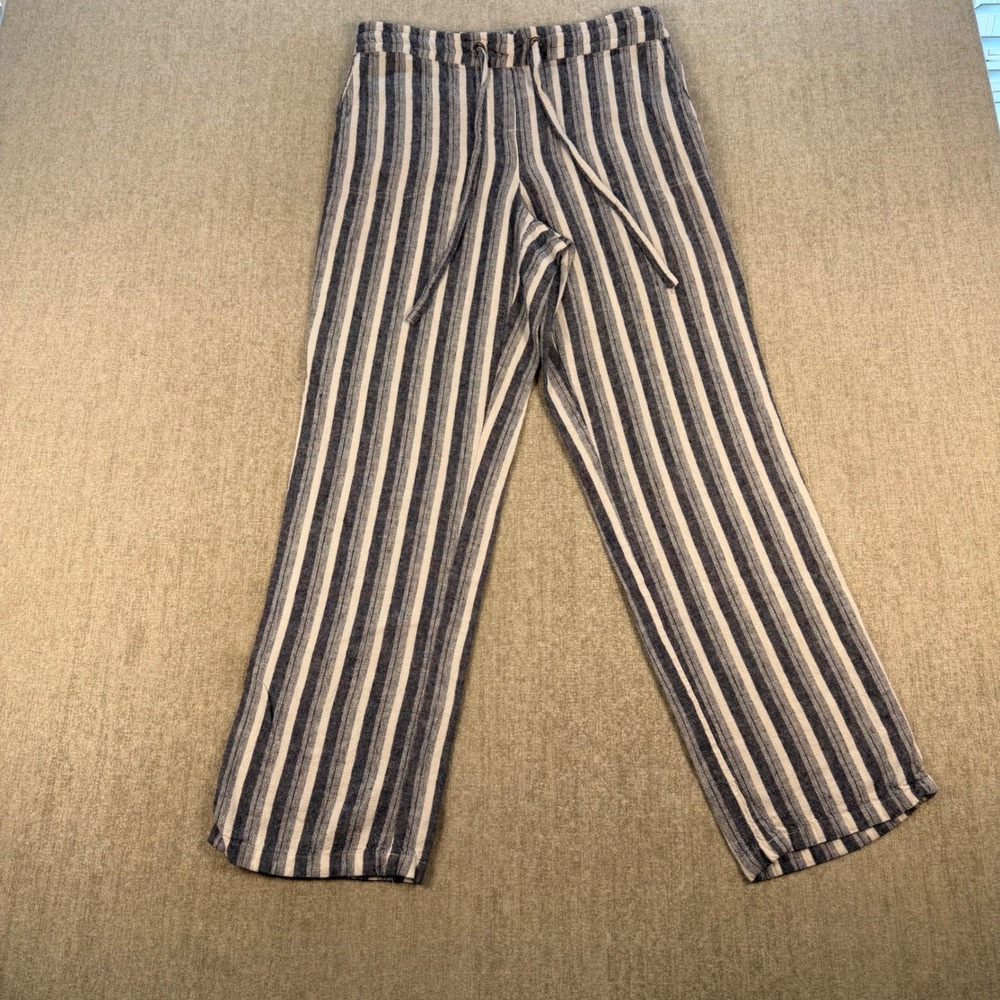 Per Se Striped Linen Blend Pants Women Medium Blue White Drawstring Straight Leg